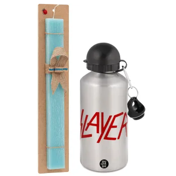 Slayer, Easter Set, metallic silver aluminum water bottle (500ml) & scented flat Easter candle (30cm) (TURQUOISE)