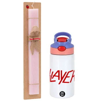 Slayer, Easter Set, Children's thermal stainless steel water bottle with safety straw, pink/purple (350ml) & Easter scented flat candle (30cm) (PINK)