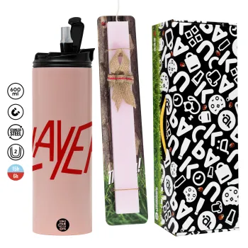 Slayer, Easter candle,Travel Tumbler 2 Lids, with metal straw & cleaning brush & aromatic flat candle (30cm) (PINK)