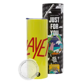 Slayer, Neon Yellow Travel Tumbler θερμό, μεταλλικό καλαμάκι(Ανωξείδωτο 304 Food grade, BPA free, 600ml)