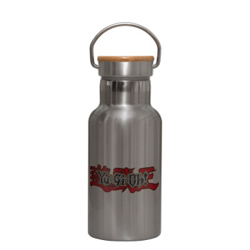 Yu-Gi-Oh, Stainless steel metallic thermos flask, silver with a bamboo lid, double-walled, 350ml.
