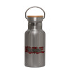 Stainless steel metallic thermos flask, silver with a bamboo lid, double-walled, 350ml.