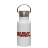 Metallic thermos (Stainless steel) White with wooden lid (bamboo), double-walled, 350ml
