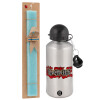 Easter Set, metallic silver aluminum water bottle (500ml) & scented flat Easter candle (30cm) (TURQUOISE)
