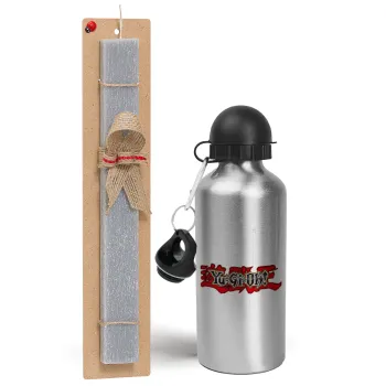 Yu-Gi-Oh, Easter Set, metallic silver aluminum water bottle (500ml) & aromatic flat Easter candle (30cm) (GRAY)