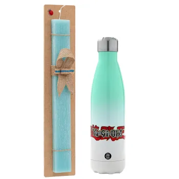 Yu-Gi-Oh, Easter Set, Metallic green/white thermos (Stainless steel), double-walled, 500ml & scented flat Easter candle (30cm) (TURQUOISE)