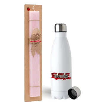 Yu-Gi-Oh, Easter Set, metallic stainless steel water bottle (750ml) & scented flat Easter candle (30cm) (PINK)