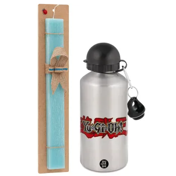 Yu-Gi-Oh, Easter Set, metallic silver aluminum water bottle (500ml) & scented flat Easter candle (30cm) (TURQUOISE)