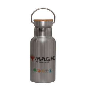 Magic the Gathering, Stainless steel metallic thermos flask, silver with a bamboo lid, double-walled, 350ml.