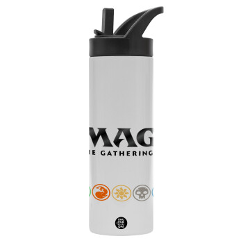 Magic the Gathering, Metallic thermos bottle with straw & handle, stainless steel (Stainless steel 304), double-walled, 600ml.