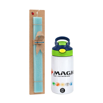 Magic the Gathering, Easter Set, Children's thermal stainless steel bottle with safety straw, green/blue (350ml) & aromatic flat Easter candle (30cm) (TURQUOISE)