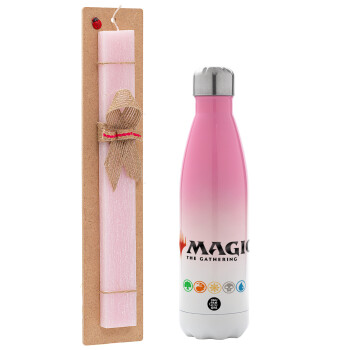 Magic the Gathering, Easter Set, Metallic pink/white (Stainless steel) thermos, double-walled, 500ml & aromatic flat Easter candle (30cm) (PINK)