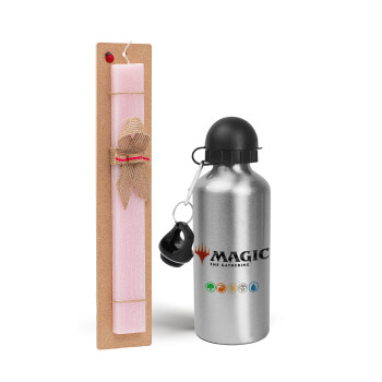 Magic the Gathering, Πασχαλινό Σετ, παγούρι μεταλλικό Ασημένιο αλουμινίου (500ml) & πασχαλινή λαμπάδα αρωματική πλακέ (30cm) (ΡΟΖ)