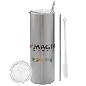 Magic the Gathering, Eco friendly ποτήρι θερμό Ασημένιο (tumbler) από ανοξείδωτο ατσάλι 600ml, με μεταλλικό καλαμάκι & βούρτσα καθαρισμού