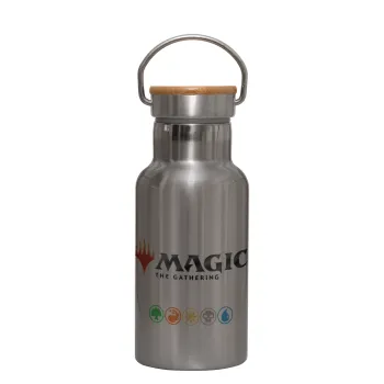 Magic the Gathering, Μεταλλικό παγούρι θερμός (Stainless steel) Ασημένιο με ξύλινο καπακι (bamboo), διπλού τοιχώματος, 350ml