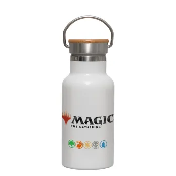 Magic the Gathering, Μεταλλικό παγούρι θερμός (Stainless steel) Λευκό με ξύλινο καπακι (bamboo), διπλού τοιχώματος, 350ml