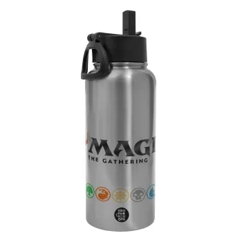 Magic the Gathering, Metal mug thermo Silver with Straw and Spout Lid (Stainless steel), double wall, 950ml