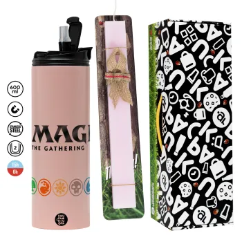 Magic the Gathering, Easter candle,Travel Tumbler 2 Lids, with metal straw & cleaning brush & aromatic flat candle (30cm) (PINK)