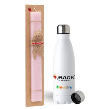 Magic the Gathering, Easter Set, metallic stainless steel water bottle (750ml) & scented flat Easter candle (30cm) (PINK)