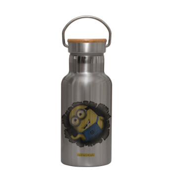 Minions hi, Μεταλλικό παγούρι θερμός (Stainless steel) Ασημένιο με ξύλινο καπακι (bamboo), διπλού τοιχώματος, 350ml