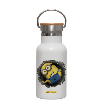 Minions hi, Μεταλλικό παγούρι θερμός (Stainless steel) Λευκό με ξύλινο καπακι (bamboo), διπλού τοιχώματος, 350ml