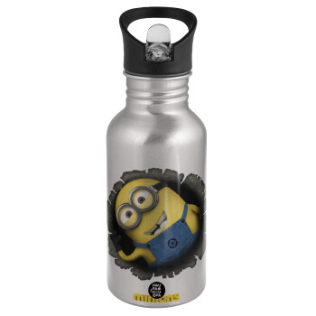 Minions hi, Water bottle Silver with straw, stainless steel 500ml