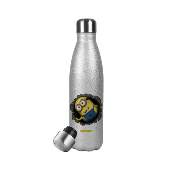 Minions hi, Μεταλλικό παγούρι θερμός Glitter Aσημένιο (Stainless steel), διπλού τοιχώματος, 500ml