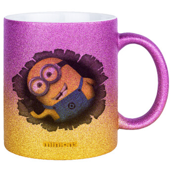 Minions hi, Κούπα Χρυσή/Ροζ Glitter, κεραμική, 330ml