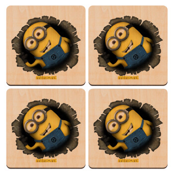 Minions hi, ΣΕΤ x4 Σουβέρ ξύλινα τετράγωνα plywood (9cm)