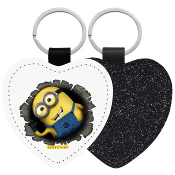 Minions hi, Μπρελόκ PU δερμάτινο glitter καρδιά ΜΑΥΡΟ