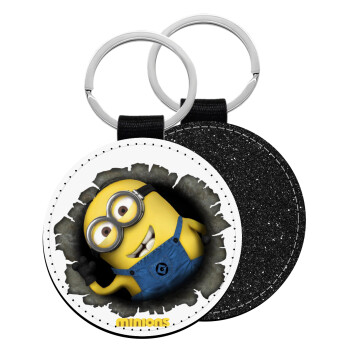 Minions hi, Μπρελόκ Δερματίνη, στρογγυλό ΜΑΥΡΟ (5cm)