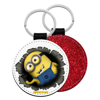 Minions hi, Μπρελόκ Δερματίνη, στρογγυλό ΚΟΚΚΙΝΟ (5cm)