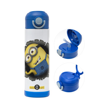 Minions hi, Children's hot water bottle, stainless steel, with safety straw, BLUE (500ml)
