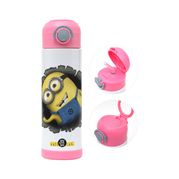 Minions hi, Παιδικό παγούρι θερμό, ανοξείδωτο, με καλαμάκι ασφαλείας, ΡΟΖ (500ml)