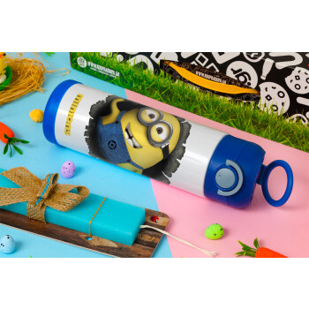 Minions hi, Πασχαλινή Λαμπάδα με Παιδικό παγούρι θερμό, ανοξείδωτο, με καλαμάκι ασφαλείας, ΜΠΛΕ (500ml)