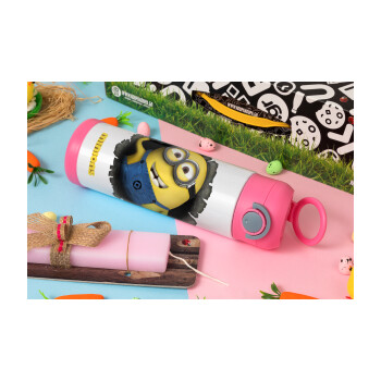 Minions hi, Πασχαλινή Λαμπάδα με Παιδικό παγούρι θερμό, ανοξείδωτο, με καλαμάκι ασφαλείας, ΡΟΖ (500ml)
