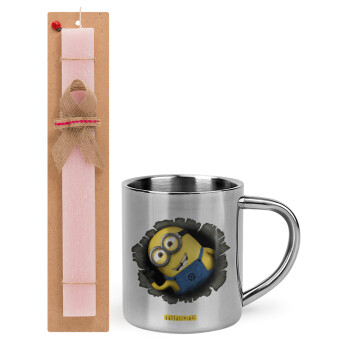 Minions hi, Easter Set, metallic thermal cup (300ml) & aromatic flat Easter candle (30cm) (PINK)