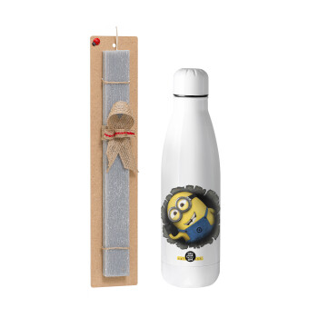 Minions hi, Easter Set, metallic stainless thermos bottle (500ml) & scented flat Easter candle (30cm) (GRAY)