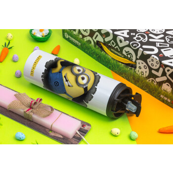 Minions hi, Easter candle,Travel Tumbler 2 Lids, with metal straw & cleaning brush & aromatic flat candle (30cm) (PINK)