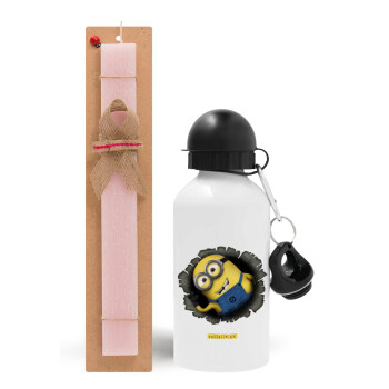 Minions hi, Easter Set, metallic aluminum bottle (500ml) & aromatic flat Easter candle (30cm) (PINK)