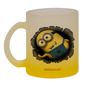 Minions hi, Κούπα γυάλινη δίχρωμη με βάση το κίτρινο ματ, 330ml