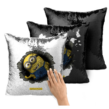 Minions hi, Μαξιλάρι καναπέ Μαγικό Μαύρο με πούλιες 40x40cm περιέχεται το γέμισμα
