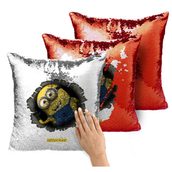 Minions hi, Μαξιλάρι καναπέ Μαγικό Κόκκινο με πούλιες 40x40cm περιέχεται το γέμισμα