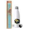 Easter Set, metallic stainless steel water bottle (750ml) & aromatic flat Easter candle (30cm) (TURQUOISE)