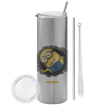 Minions hi, Eco friendly stainless steel Silver tumbler 600ml, with metal straw & cleaning brush