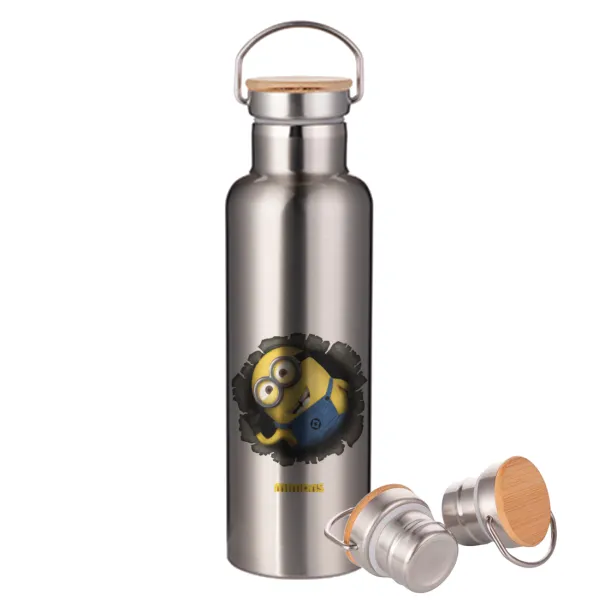 Minions hi — Μεταλλικό παγούρι θερμός (Stainless steel) Ασημένιο με ξύλινο καπακι (bamboo), διπλού τοιχώματος, 750ml