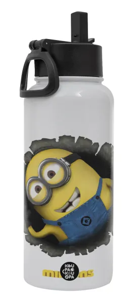 Minions hi — Metal mug thermo White with Straw and Spout Lid (Stainless steel), double wall, 950ml