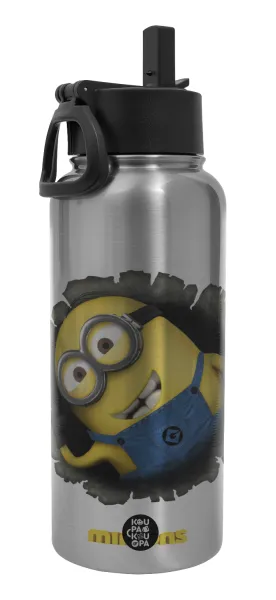 Minions hi — Metal mug thermo Silver with Straw and Spout Lid (Stainless steel), double wall, 950ml