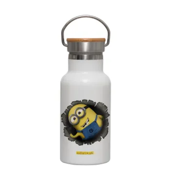 Minions hi, Metallic thermos (Stainless steel) White with wooden lid (bamboo), double-walled, 350ml