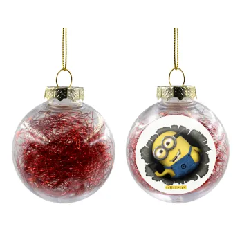 Minions hi, Στολίδι Χριστουγεννιάτικη μπάλα δένδρου διάφανη με κόκκινο γέμισμα 8cm